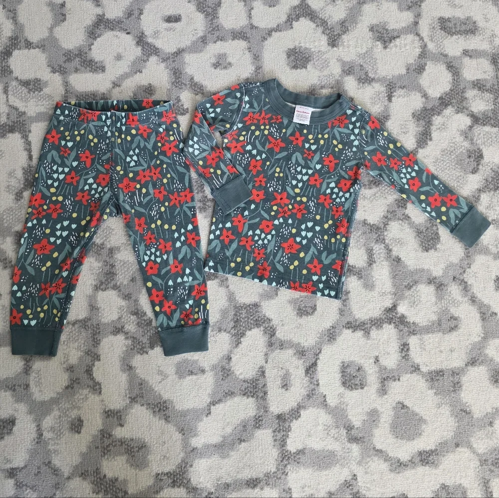 Hanna Andersson Long John Pajama Set Poinsettia Patch 100% Organic Cotton 2T